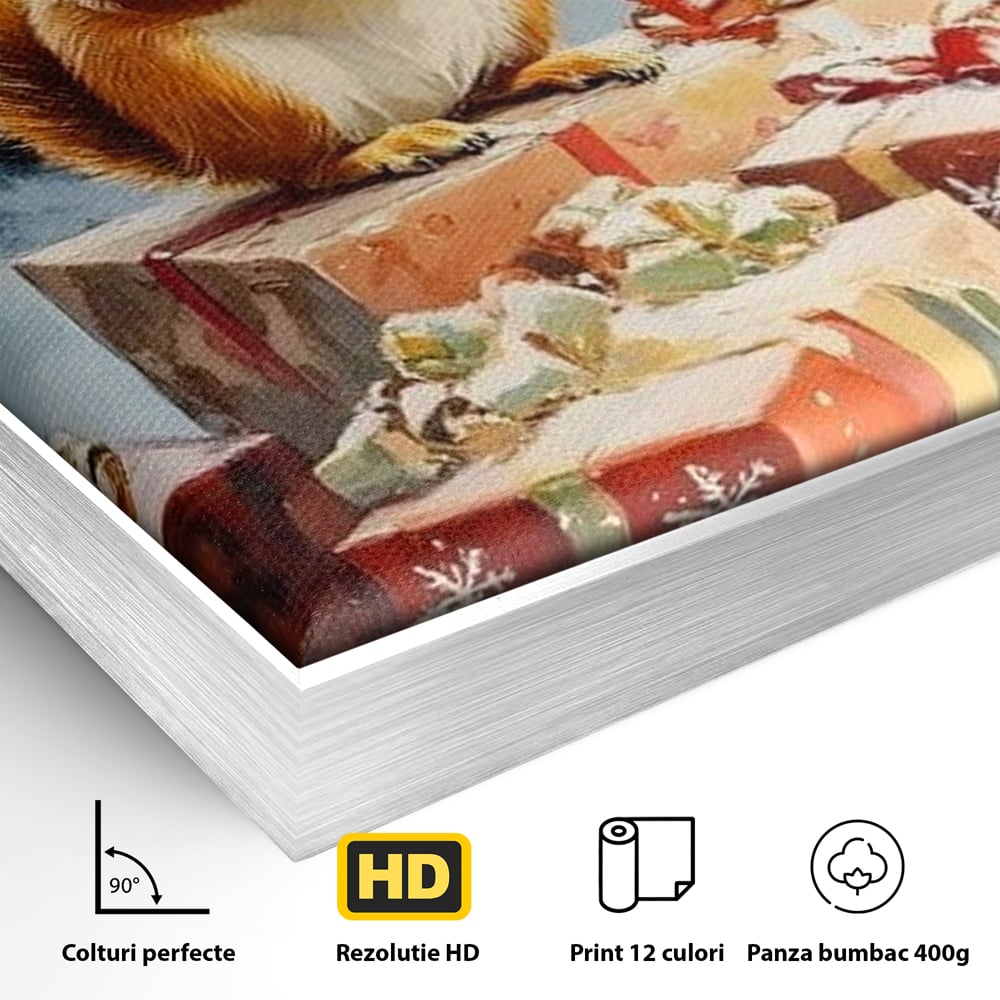 Detaliu al suprafetei: tablou canvas cu veverita si cadouri de iarna, in rama de aluminiu argintiu