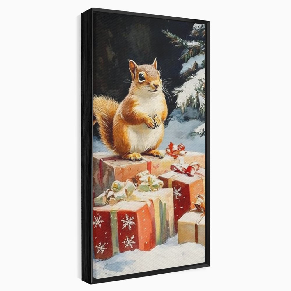 Tablou canvas cu tablou canvas cu veverita si cadouri de iarna, in rama de aluminiu negru