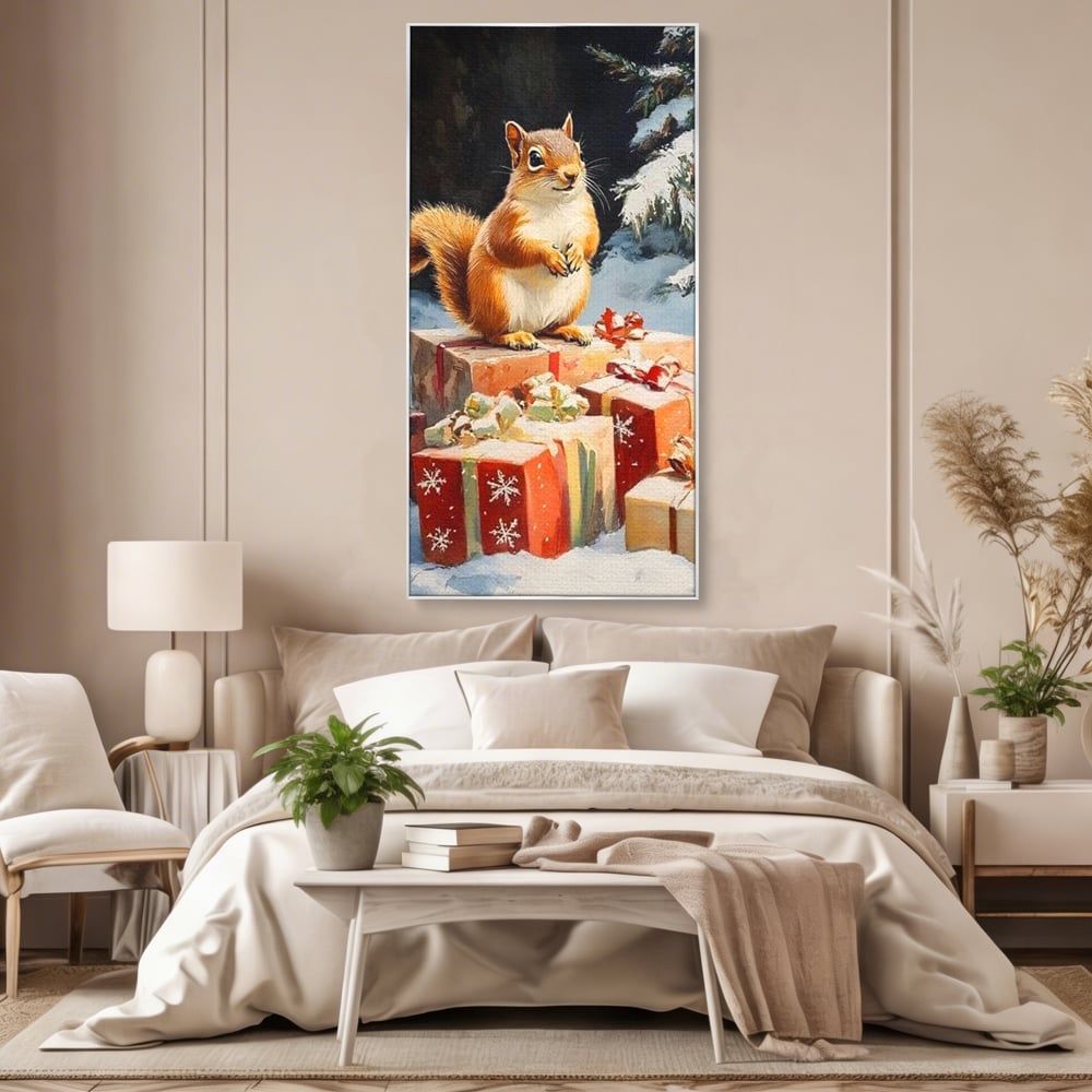Tablou canvas cu tablou canvas cu veverita si cadouri de iarna, in rama de aluminiu argintiu, pe perete intr-un dormitor