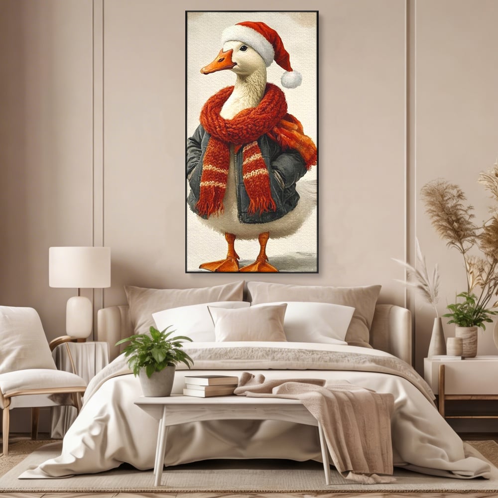 Tablou canvas cu rata imbracata in haine de iarna, in rama de aluminiu negru, pe perete intr-un dormitor