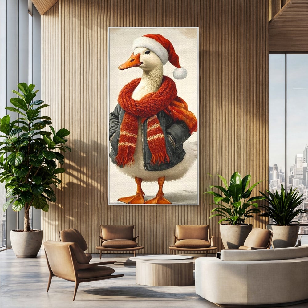 Tablou canvas cu rata imbracata in haine de iarna, in rama de aluminiu argintiu, pe perete intr-un birou