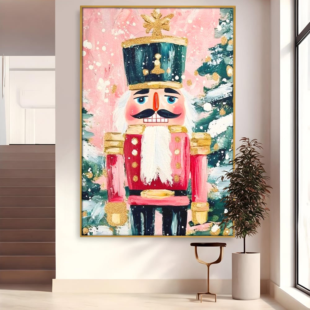 Tablou canvas cu pictura cu spargator de nuci, in rama de aluminiu auriu