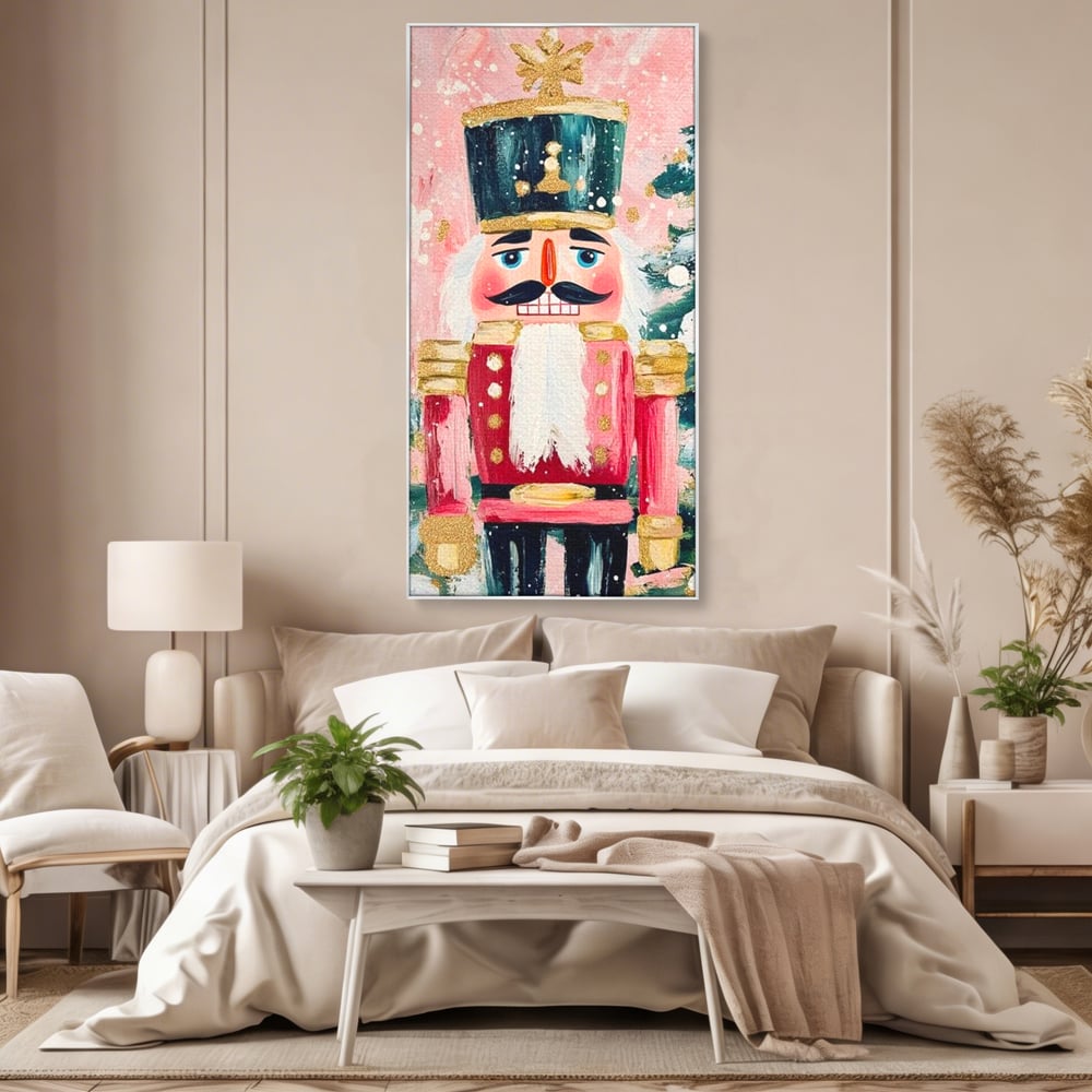 Tablou canvas cu pictura cu spargator de nuci, in rama de aluminiu argintiu, pe perete intr-un dormitor