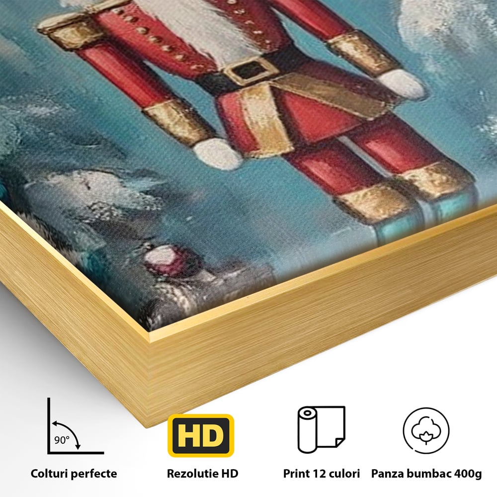 Detaliu al suprafetei: tablou canvas cu spargator de nuci, in rama de aluminiu auriu