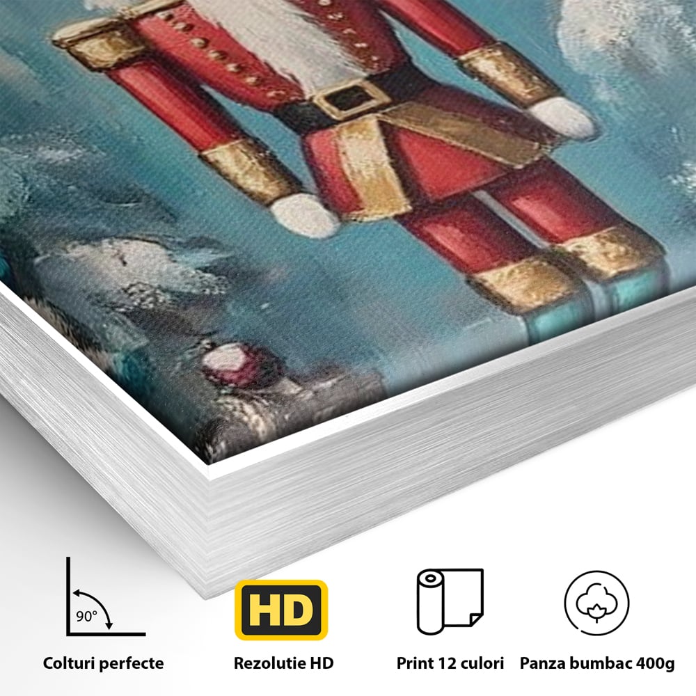 Detaliu al suprafetei: tablou canvas cu spargator de nuci, in rama de aluminiu argintiu