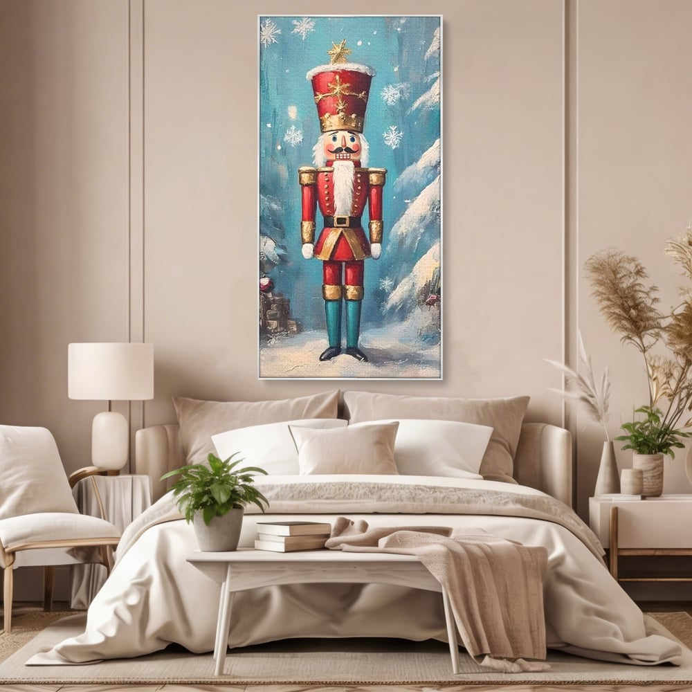 Tablou canvas cu tablou canvas cu spargator de nuci, in rama de aluminiu argintiu, pe perete intr-un dormitor