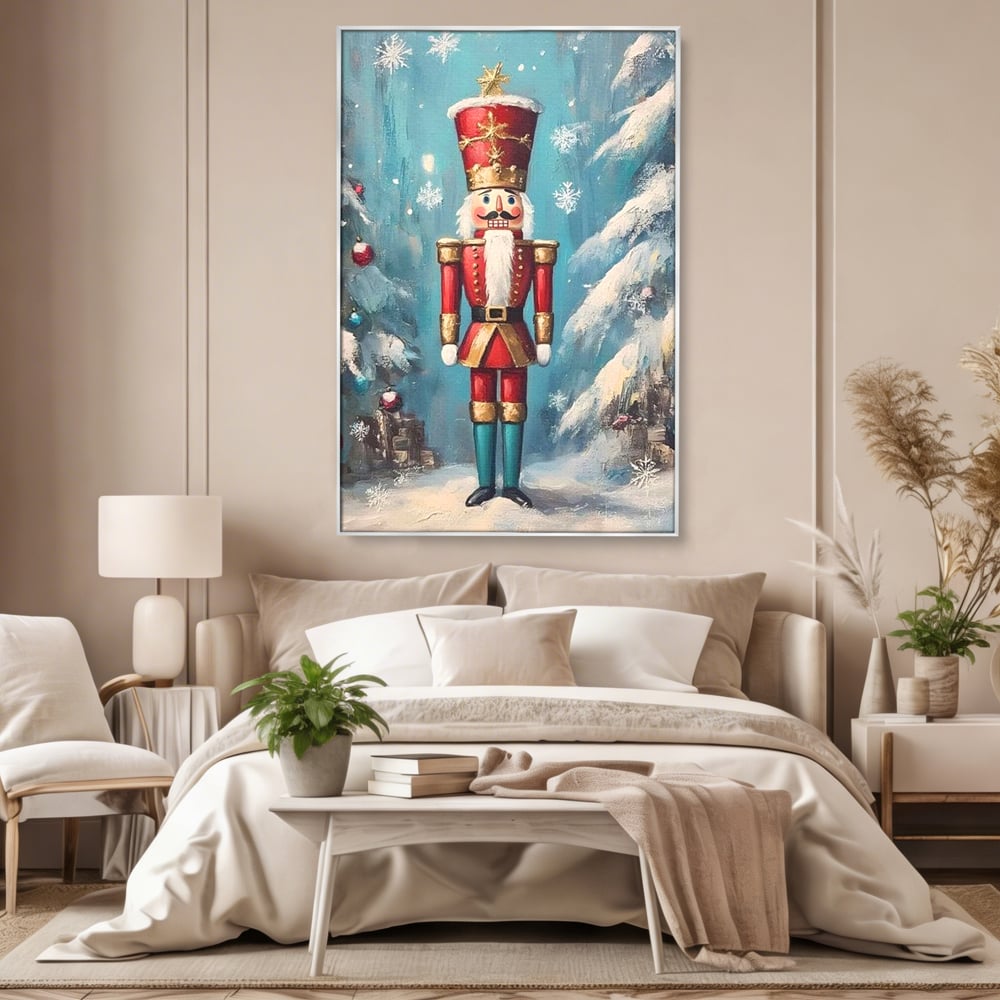 Tablou canvas cu tablou canvas cu spargator de nuci, in rama de aluminiu argintiu, pe perete intr-un dormitor