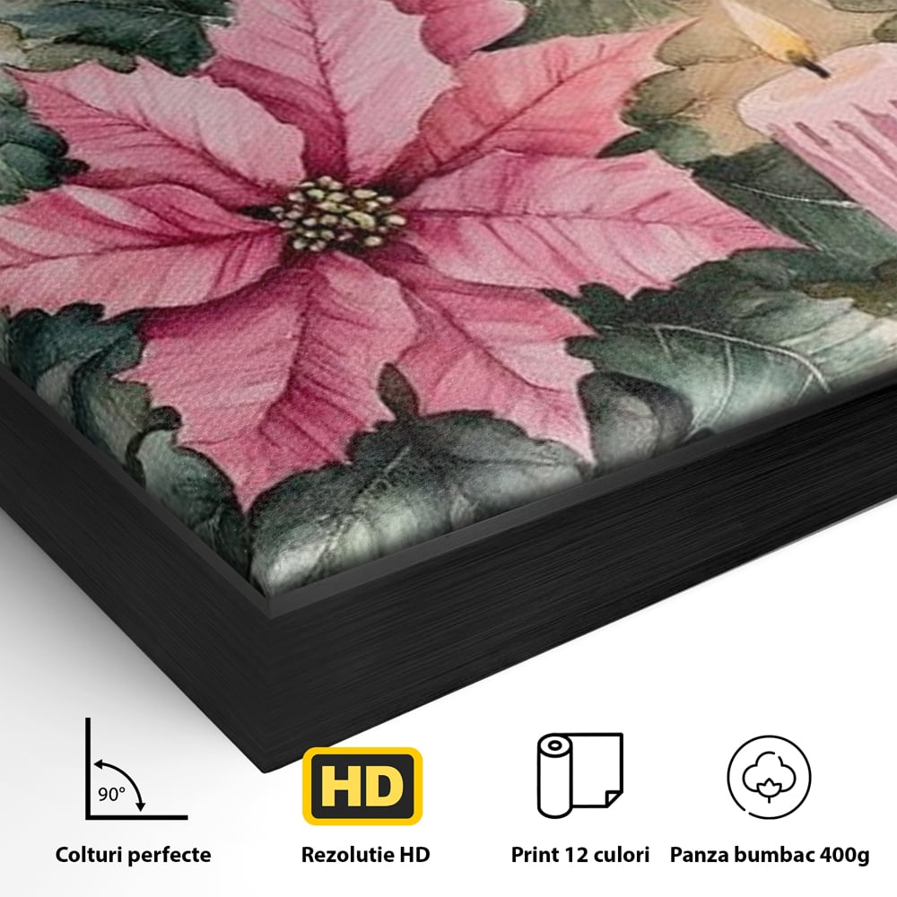 Detaliu al suprafetei: tablou cu lumanari si flori poinsettia, in rama de aluminiu negru