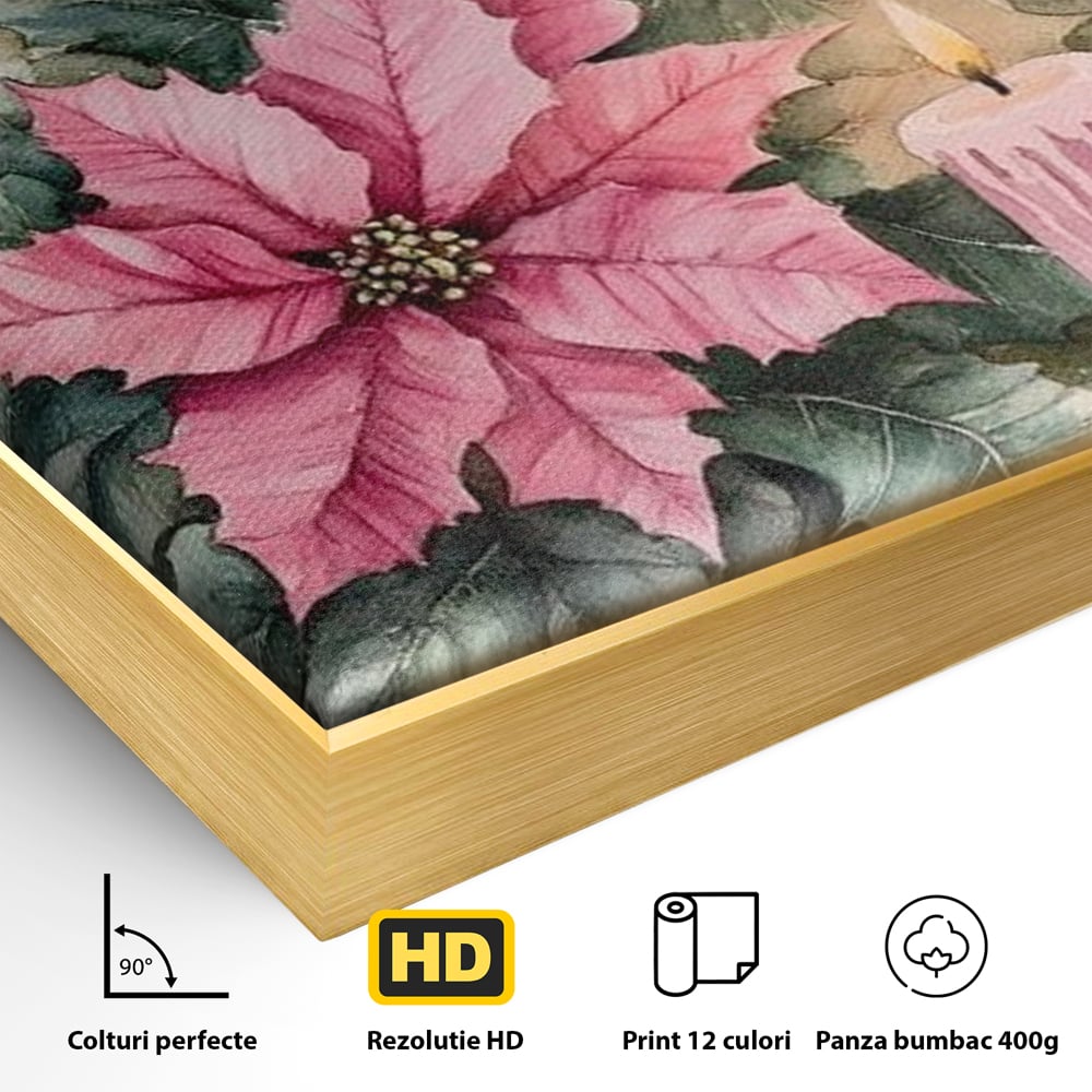 Detaliu al suprafetei: tablou cu lumanari si flori poinsettia, in rama de aluminiu auriu