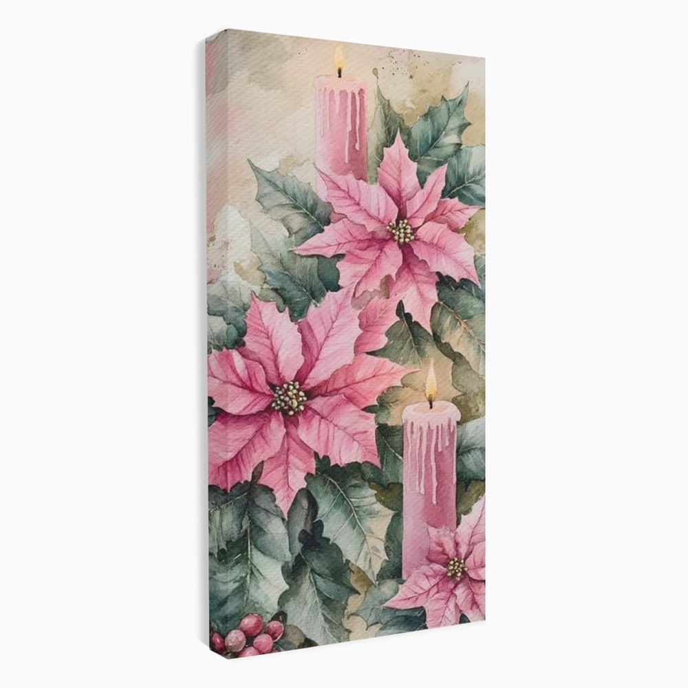 Tablou canvas cu tablou cu lumanari si flori poinsettia, fara rama, pe sasiu de lemn