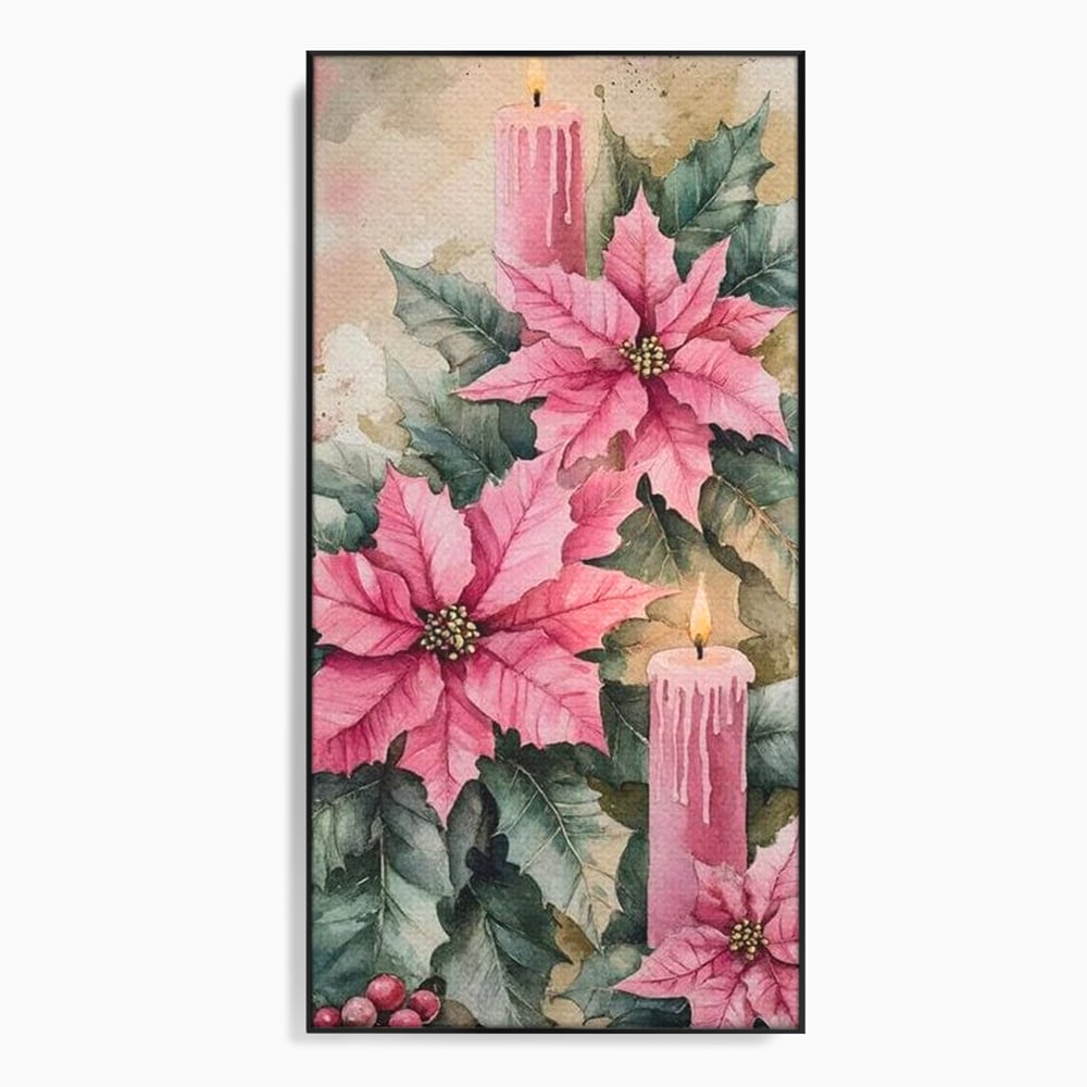 Tablou canvas cu tablou cu lumanari si flori poinsettia, in rama de aluminiu negru