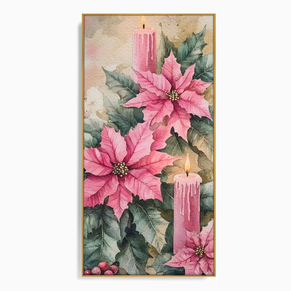Tablou canvas cu tablou cu lumanari si flori poinsettia, in rama de aluminiu auriu