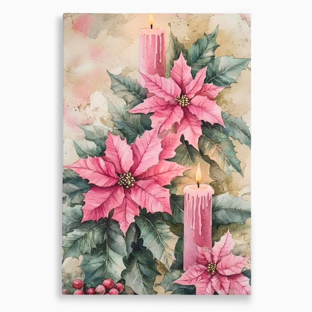 Tablou canvas cu tablou cu lumanari si flori poinsettia, fara rama, pe sasiu de lemn