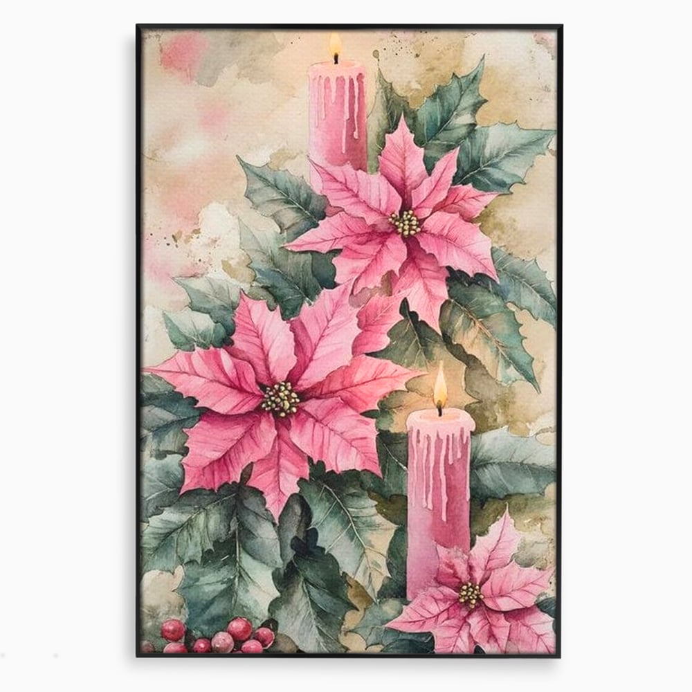 Tablou canvas cu tablou cu lumanari si flori poinsettia, in rama de aluminiu negru