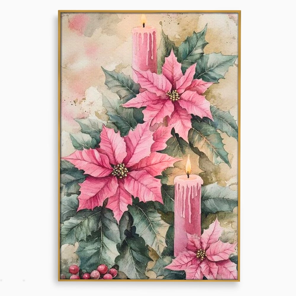 Tablou canvas cu tablou cu lumanari si flori poinsettia, in rama de aluminiu auriu