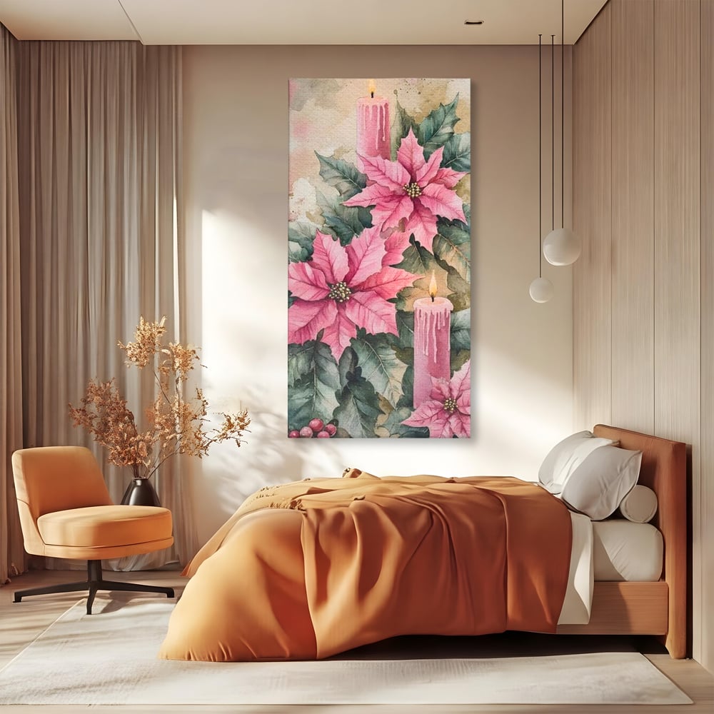 Tablou canvas cu tablou cu lumanari si flori poinsettia, fara rama, pe sasiu de lemn, pe perete intr-un dormitor