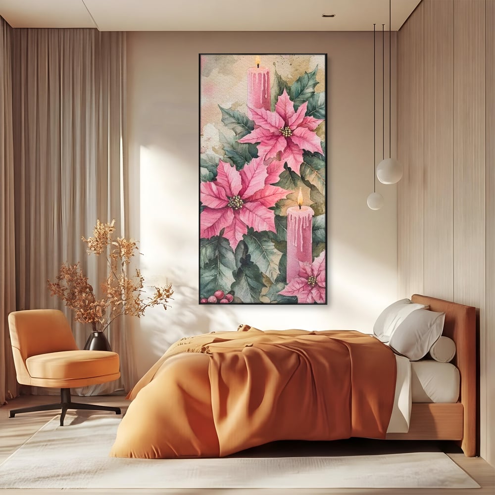 Tablou canvas cu tablou cu lumanari si flori poinsettia, in rama de aluminiu negru, pe perete intr-un dormitor