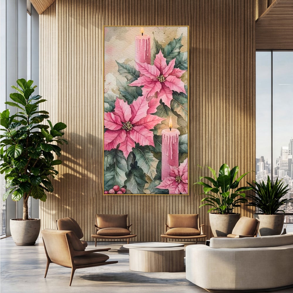 Tablou canvas cu tablou cu lumanari si flori poinsettia, in rama de aluminiu auriu, pe perete intr-un birou