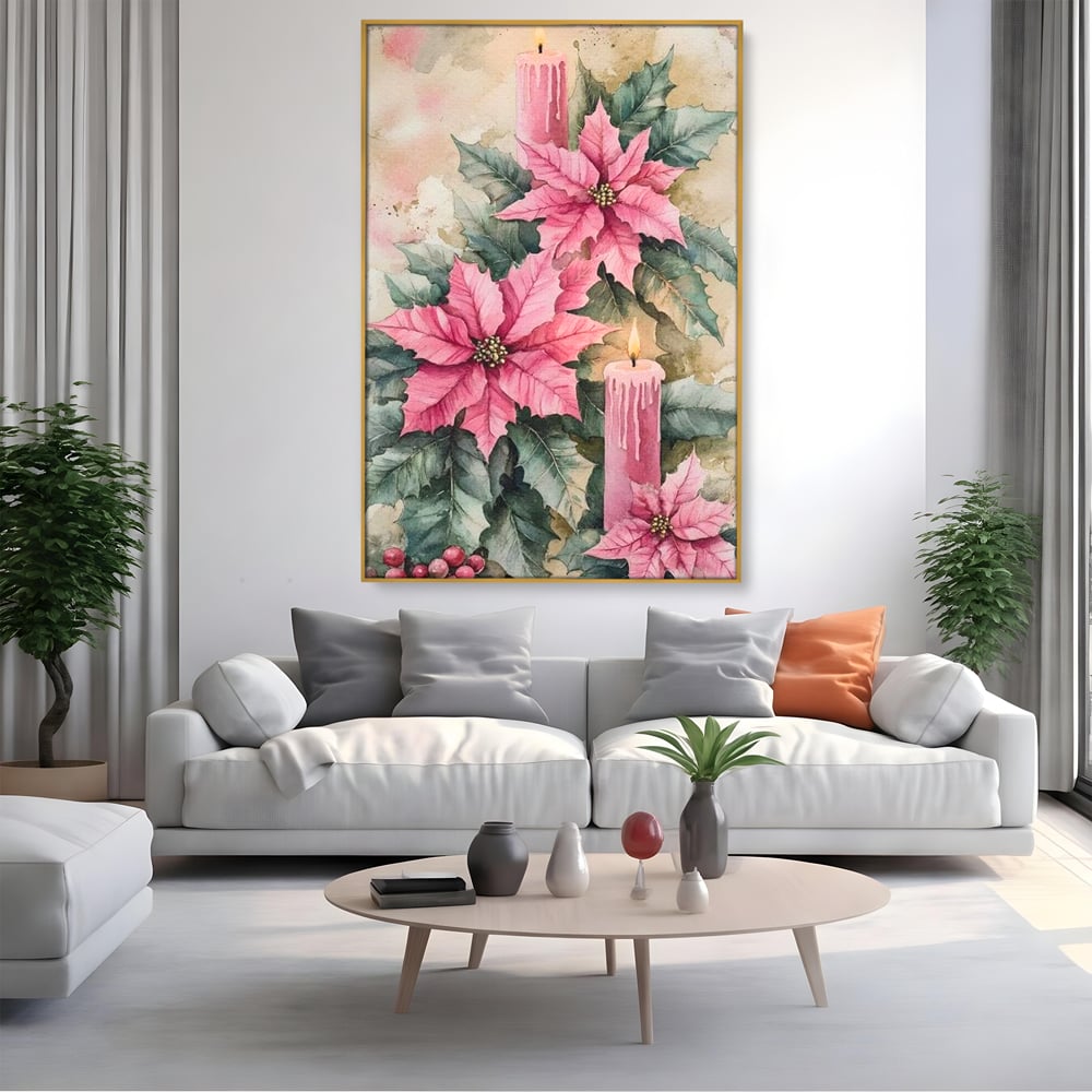 Tablou canvas cu tablou cu lumanari si flori poinsettia, in rama de aluminiu auriu, pe perete intr-un living