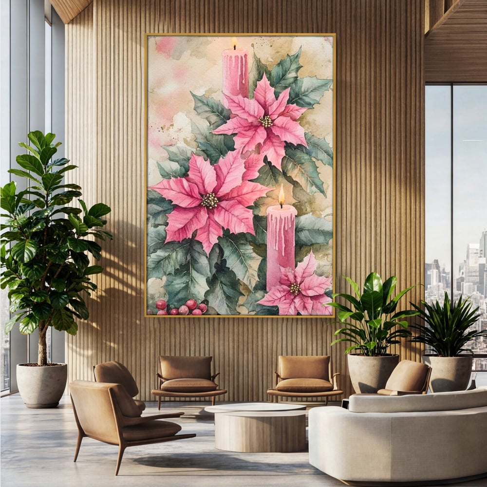 Tablou canvas cu tablou cu lumanari si flori poinsettia, in rama de aluminiu auriu, pe perete intr-un birou