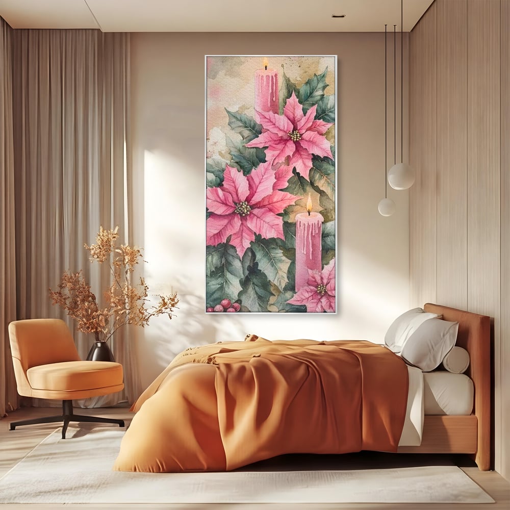 Tablou canvas cu tablou cu lumanari si flori poinsettia, in rama de aluminiu argintiu, pe perete intr-un dormitor