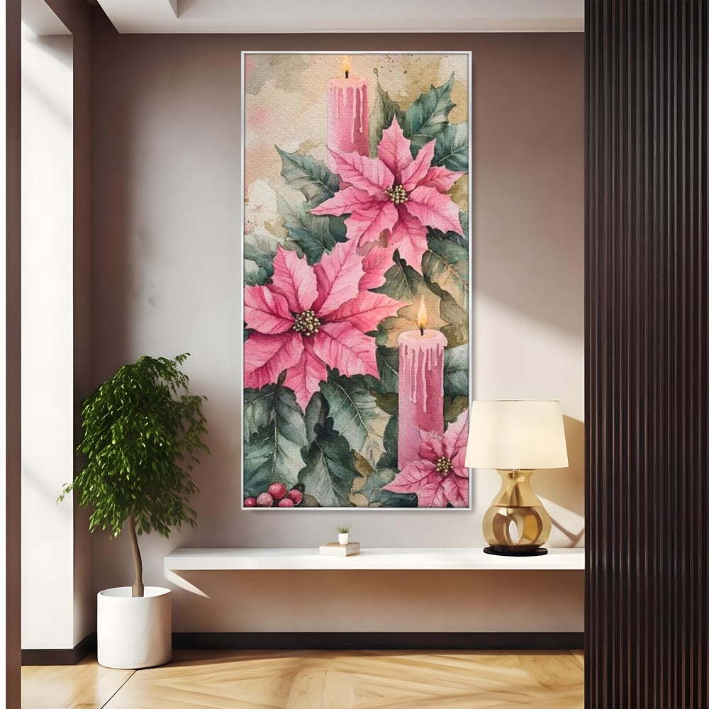 Tablou canvas cu tablou cu lumanari si flori poinsettia, in rama de aluminiu argintiu