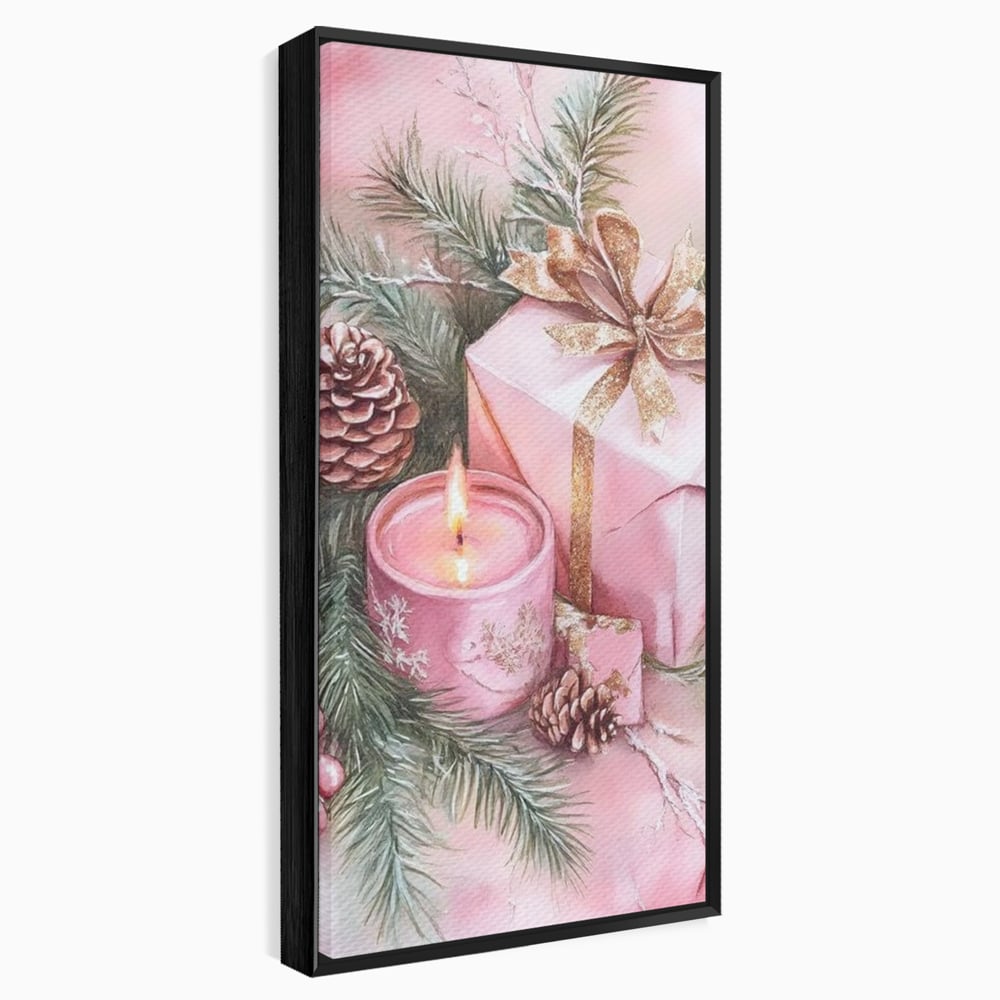 Tablou canvas cu ilustratie cu lumanare si cadou roz, in rama de aluminiu negru