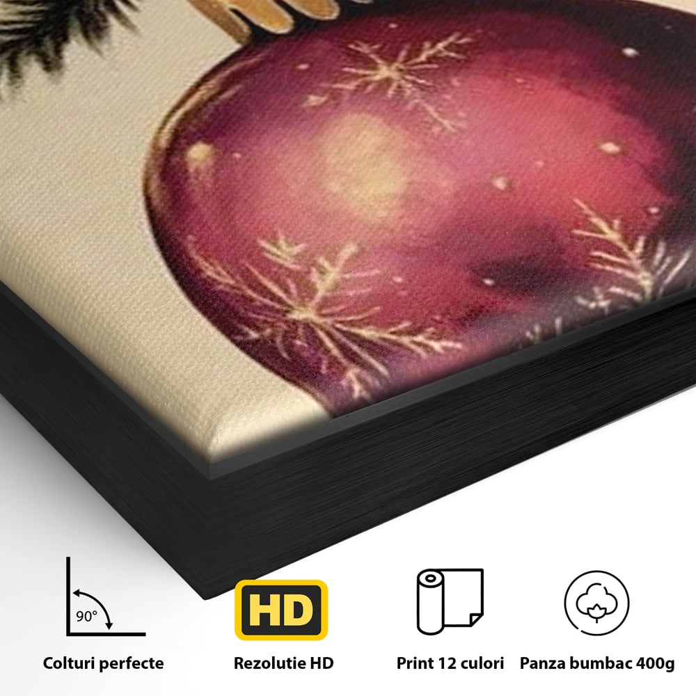 Detaliu al suprafetei: tablou canvas cu glob de craciun visiniu, in rama de aluminiu negru