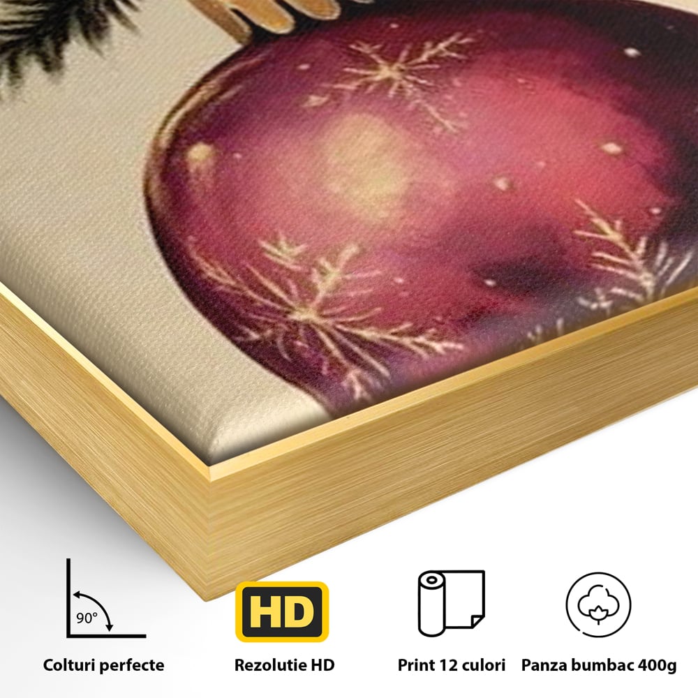 Detaliu al suprafetei: tablou canvas cu glob de craciun visiniu, in rama de aluminiu auriu