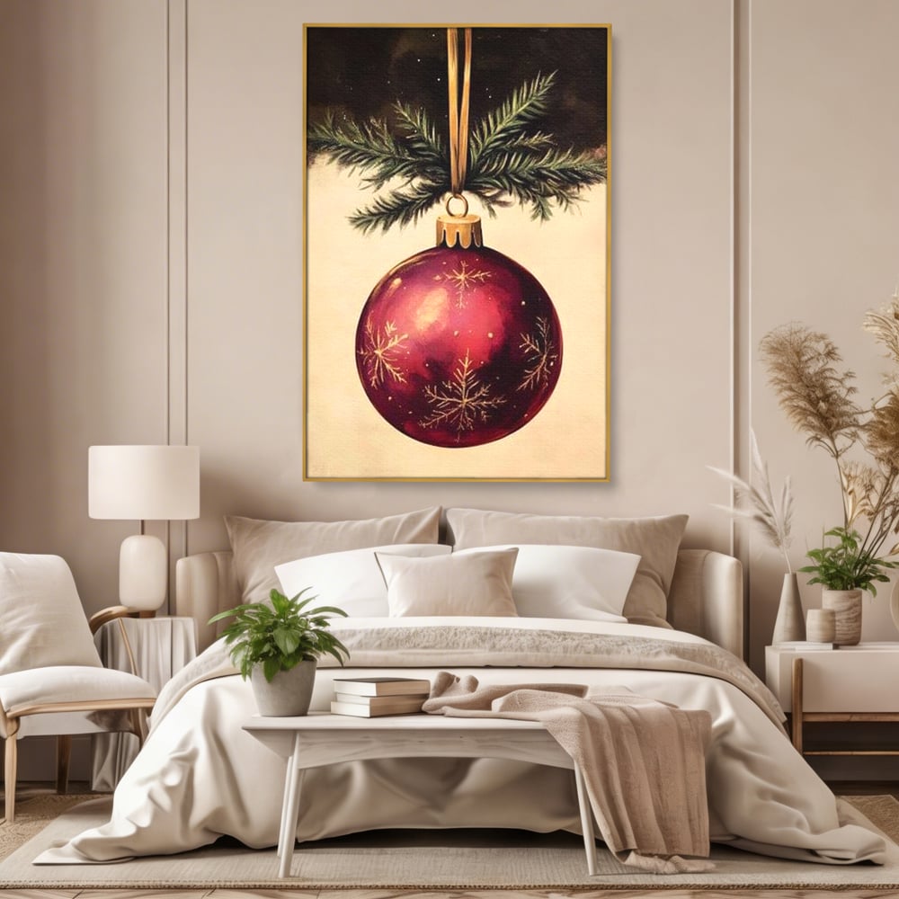 Tablou canvas cu tablou canvas cu glob de craciun visiniu, in rama de aluminiu auriu, pe perete intr-un dormitor