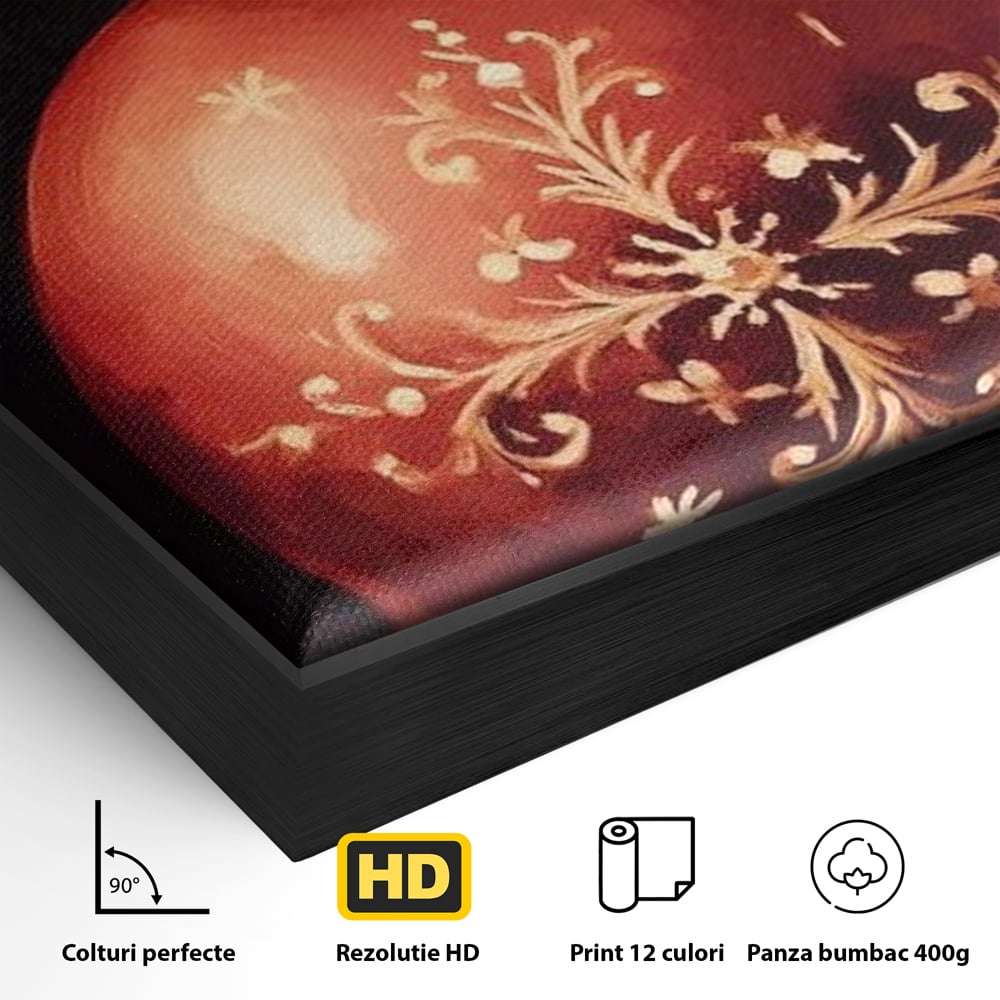Detaliu al suprafetei: tablou canvas cu glob rosu de craciun, in rama de aluminiu negru