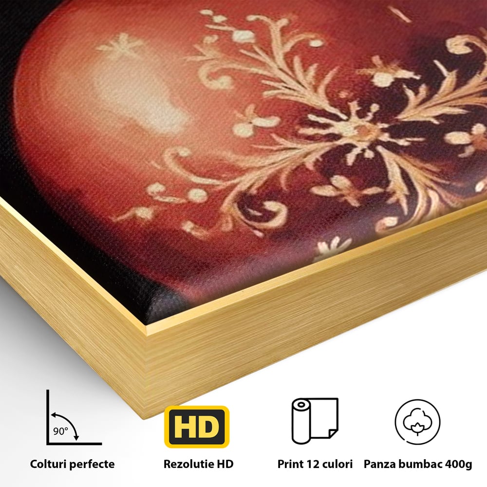 Detaliu al suprafetei: tablou canvas cu glob rosu de craciun, in rama de aluminiu auriu