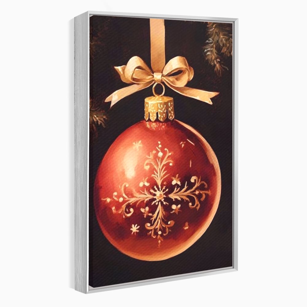 Tablou canvas cu tablou canvas cu glob rosu de craciun, in rama de aluminiu argintiu