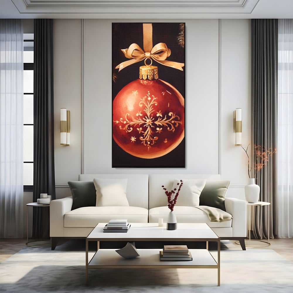 Tablou canvas cu tablou canvas cu glob rosu de craciun, in rama de aluminiu negru, pe perete intr-un living