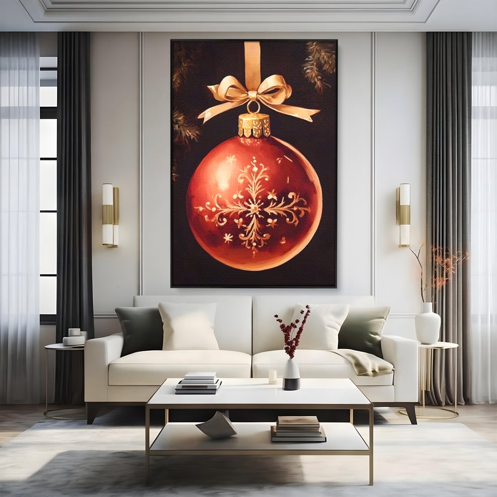 Tablou canvas cu tablou canvas cu glob rosu de craciun, in rama de aluminiu negru, pe perete intr-un living