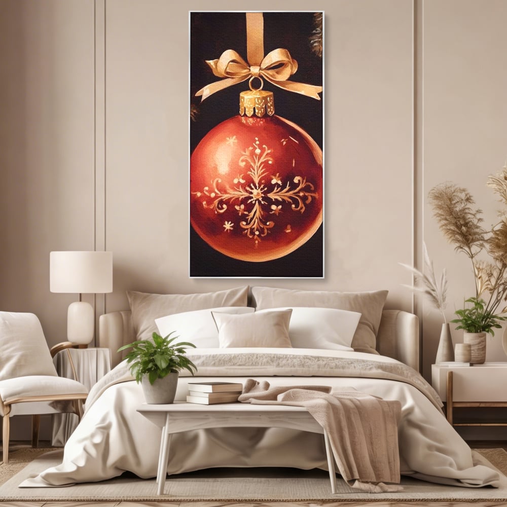 Tablou canvas cu tablou canvas cu glob rosu de craciun, in rama de aluminiu argintiu, pe perete intr-un dormitor