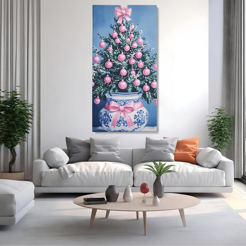 Tablou canvas cu pictura cu brad de craciun in vaza, fara rama, pe sasiu de lemn, pe perete intr-un living