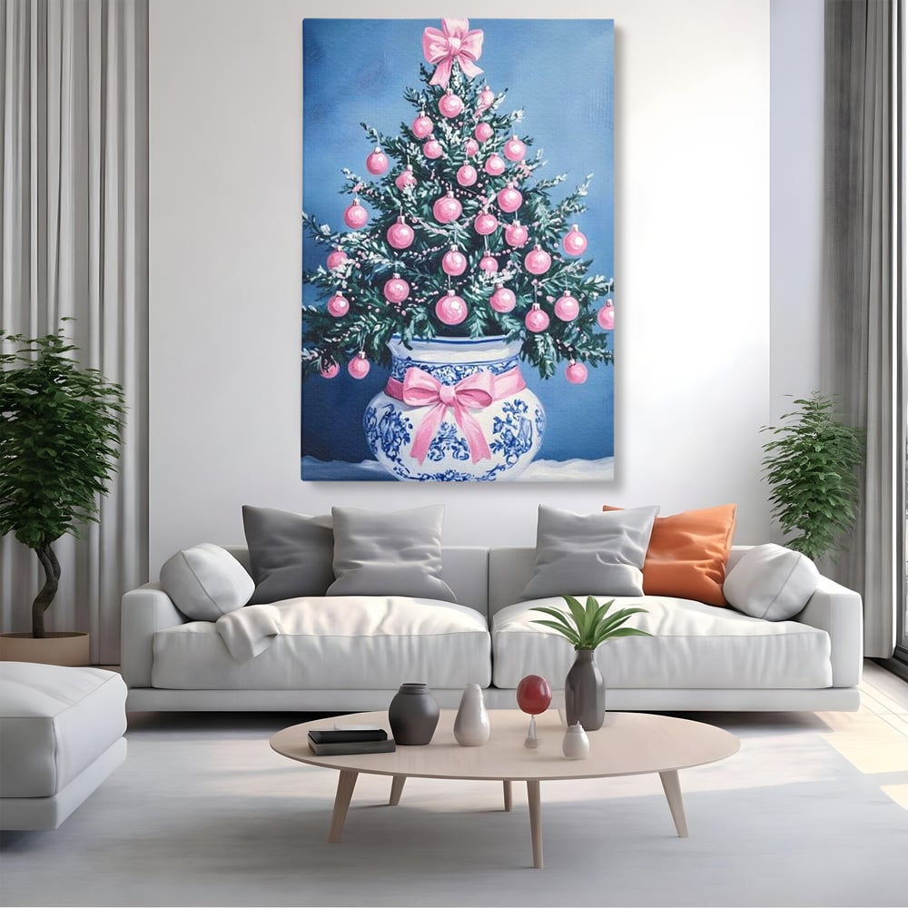 Tablou canvas cu pictura cu brad de craciun in vaza, fara rama, pe sasiu de lemn, pe perete intr-un living