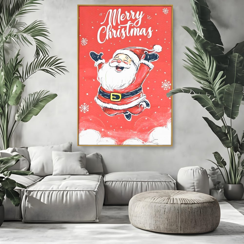 Tablou canvas cu ilustratie cu mos craciun zambind, in rama de aluminiu auriu, pe perete intr-un living