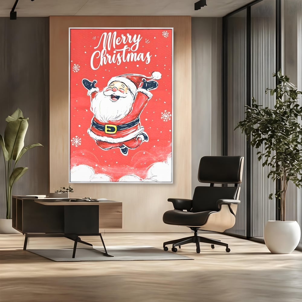 Tablou canvas cu ilustratie cu mos craciun zambind, in rama de aluminiu argintiu, pe perete intr-un birou