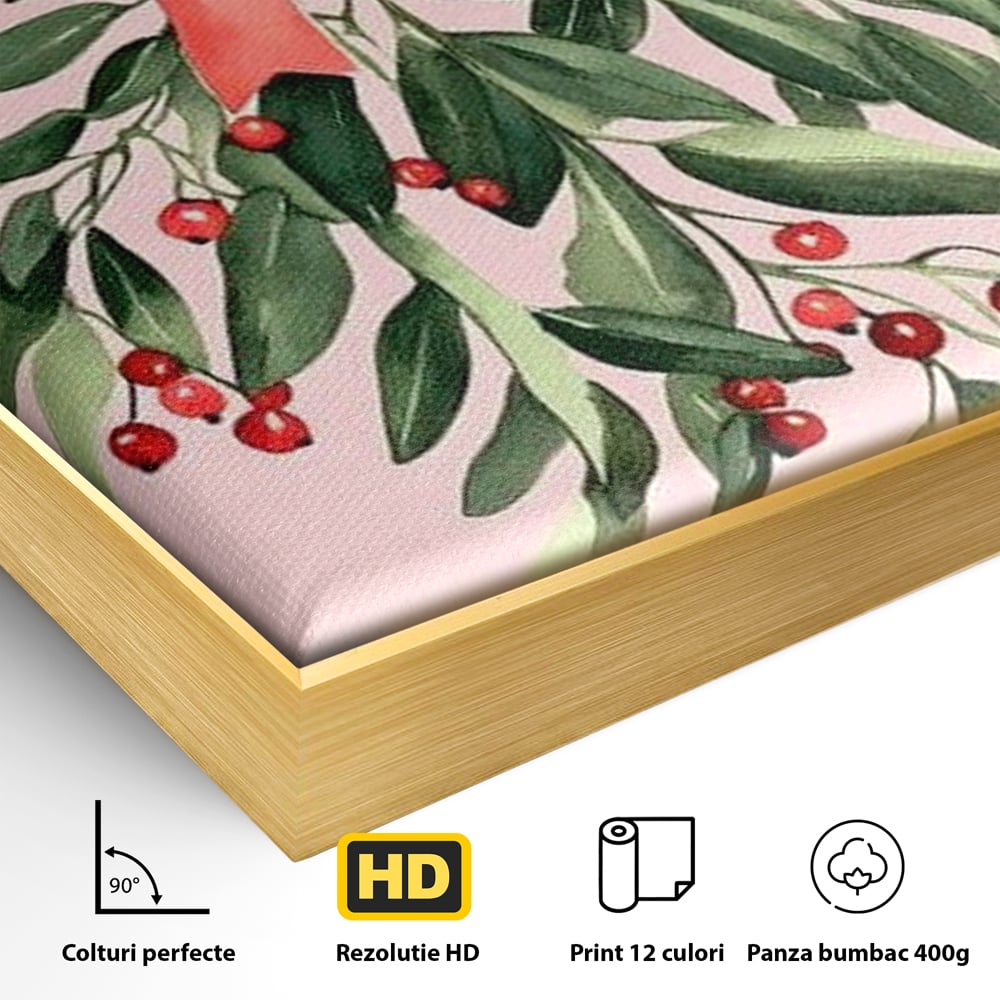 Detaliu al suprafetei: ilustratie digitala cu creanga de vasc agatata de o funda rosie, in rama de aluminiu auriu