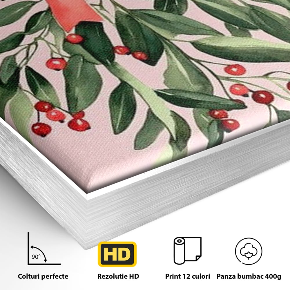 Detaliu al suprafetei: ilustratie digitala cu creanga de vasc agatata de o funda rosie, in rama de aluminiu argintiu
