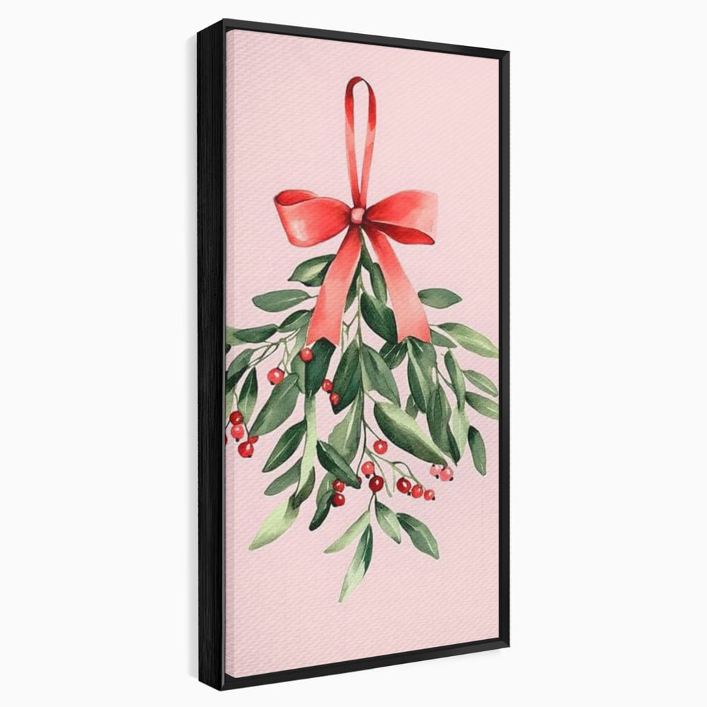 Tablou canvas cu ilustratie digitala cu creanga de vasc agatata de o funda rosie, in rama de aluminiu negru