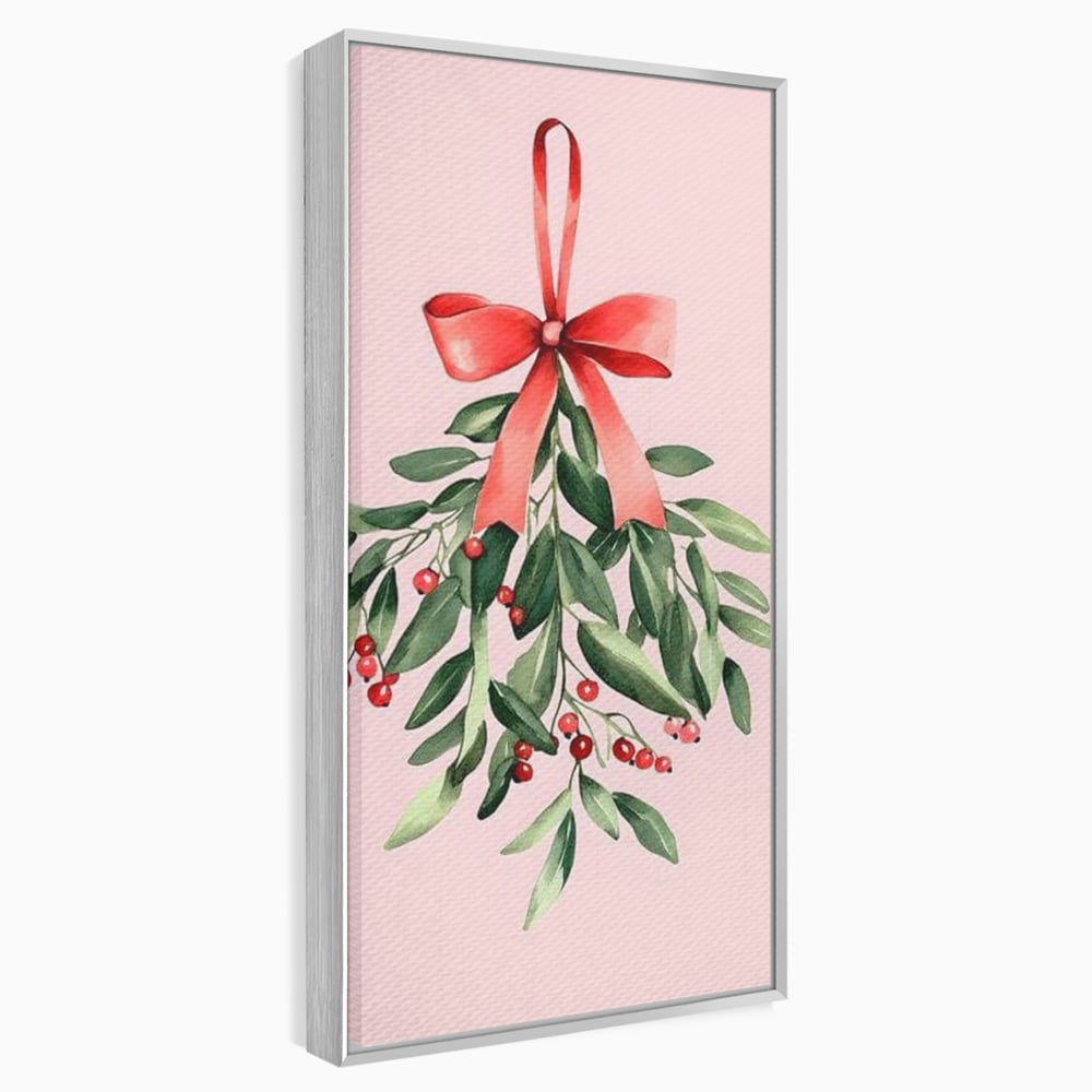 Tablou canvas cu ilustratie digitala cu creanga de vasc agatata de o funda rosie, in rama de aluminiu argintiu