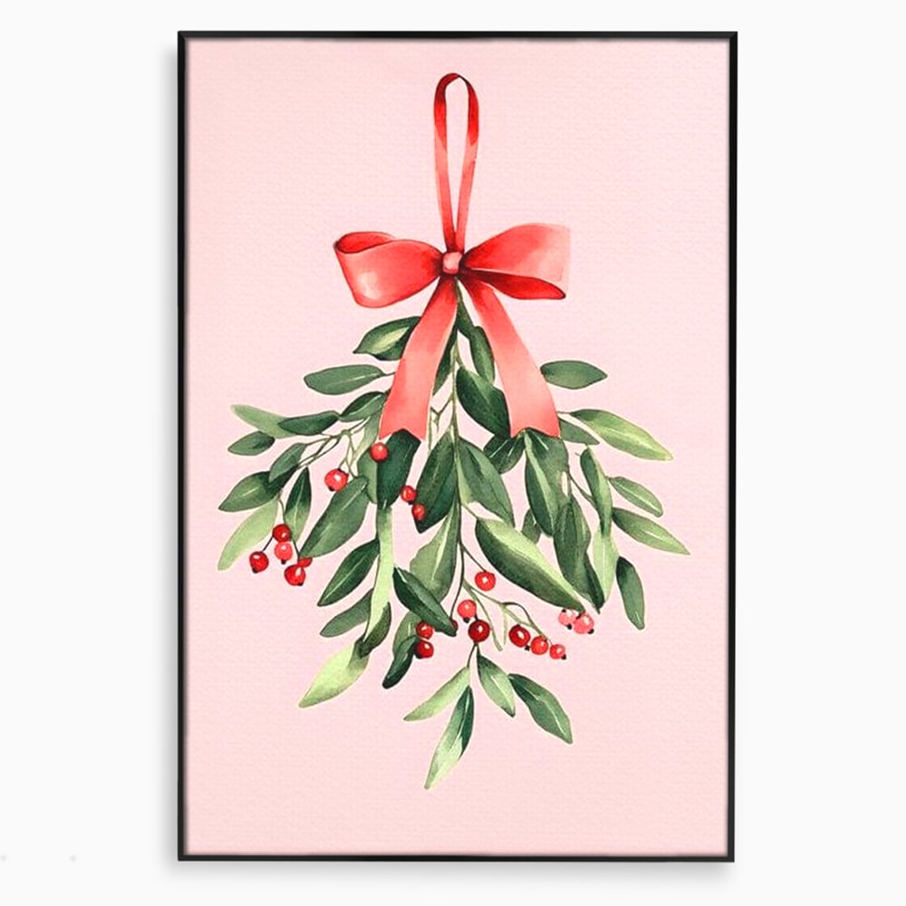 Tablou canvas cu ilustratie digitala cu creanga de vasc agatata de o funda rosie, in rama de aluminiu negru