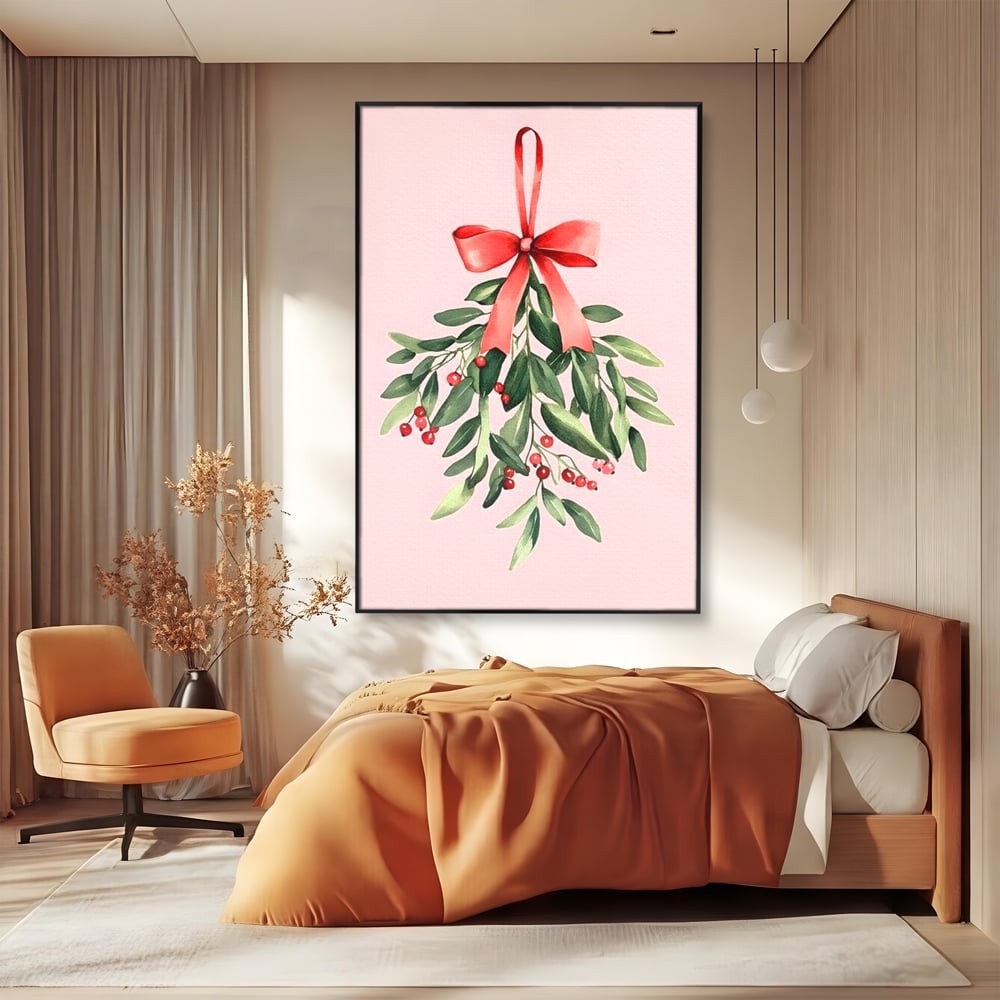 Tablou canvas cu ilustratie digitala cu creanga de vasc agatata de o funda rosie, in rama de aluminiu negru, pe perete intr-un dormitor