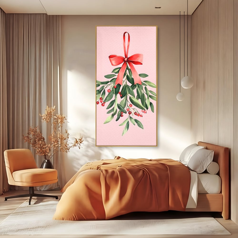 Tablou canvas cu ilustratie digitala cu creanga de vasc agatata de o funda rosie, in rama de aluminiu auriu, pe perete intr-un dormitor