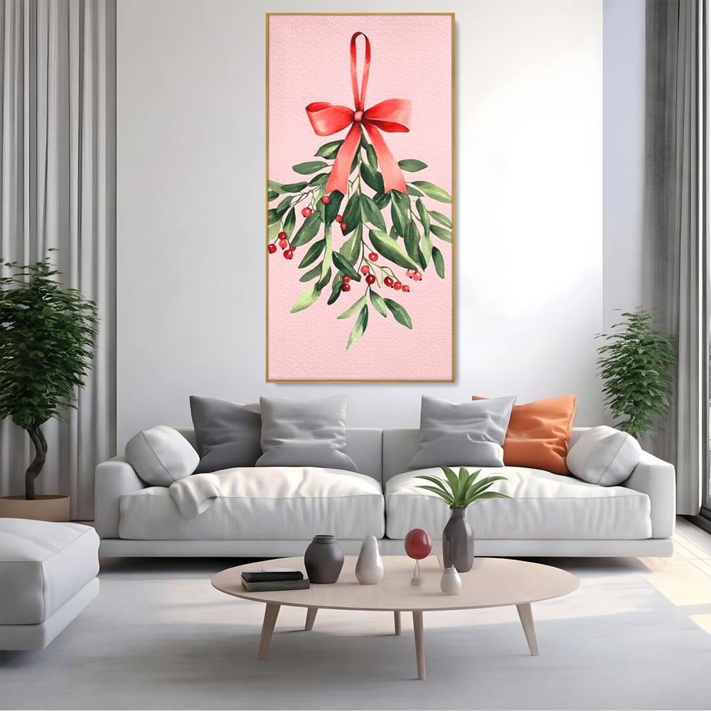 Tablou canvas cu ilustratie digitala cu creanga de vasc agatata de o funda rosie, in rama de aluminiu auriu, pe perete intr-un living