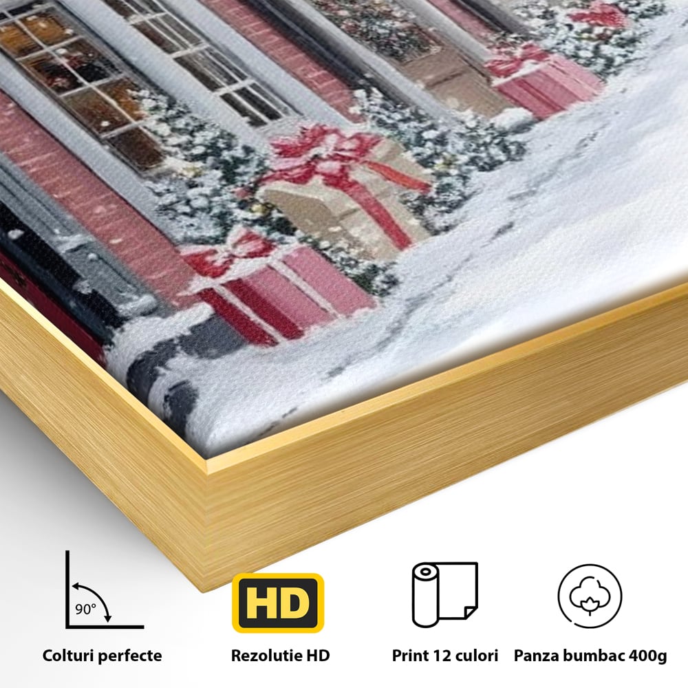 Detaliu al suprafetei: tablou canvas cu strada urbana de iarna, in rama de aluminiu auriu