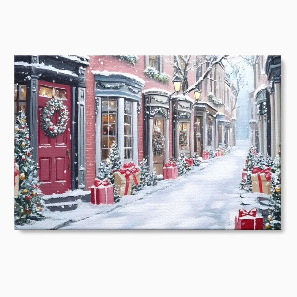 Tablou canvas cu tablou canvas cu strada urbana de iarna, fara rama, pe sasiu de lemn